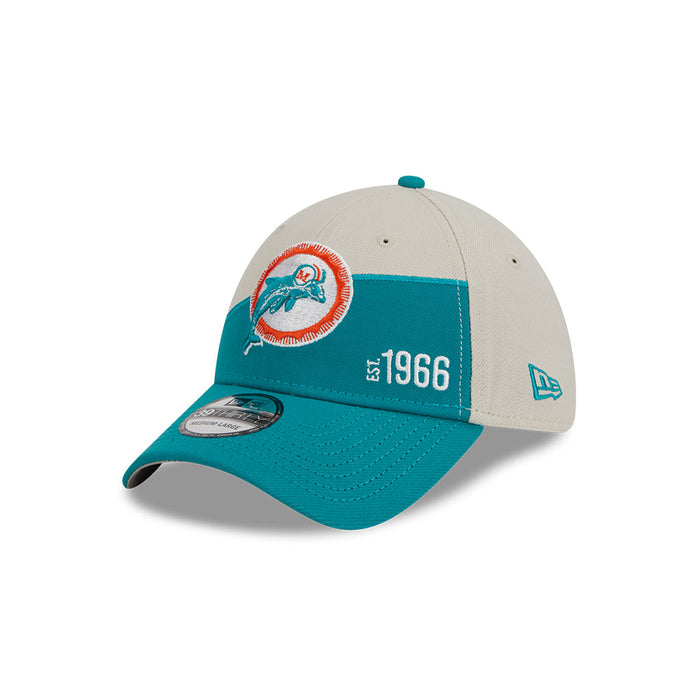 Miami Dolphins New Era 2023 Historic Sideline 39THIRTY Flex Hat - Cream/Teal