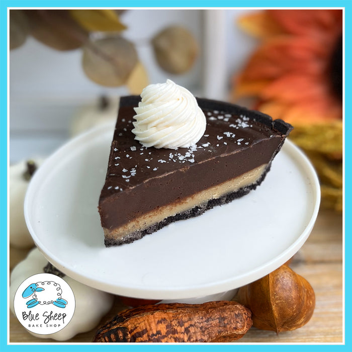 Midnight Sea Salt Caramel Pie with Oreo crust, caramel layer, dark chocolate ganache, sea salt, and whipped cream from Blue Sheep Bake Shop in Somerville, NJ