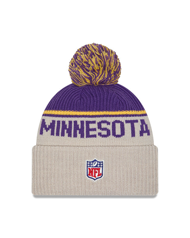 Minnesota Vikings 2024 New Era NFL Sideline Historic Cuffed Pom Knit - Cream