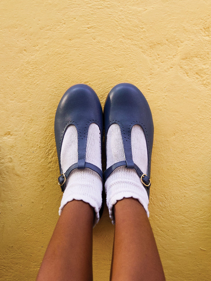 Navy Leather Girl T-Bar Shoes