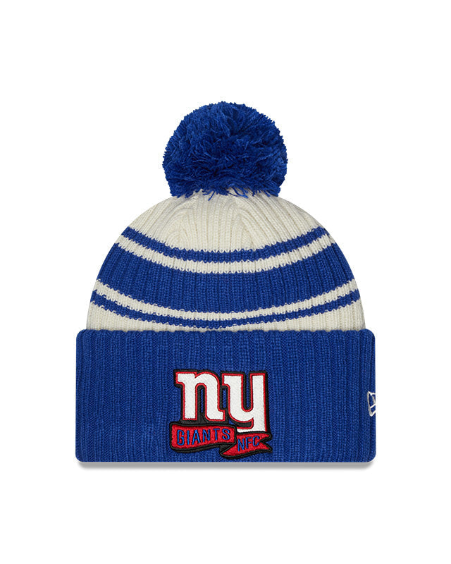 New York Giants New Era 2022 Sideline - Sport Cuffed Pom Knit Hat - Cream/Royal