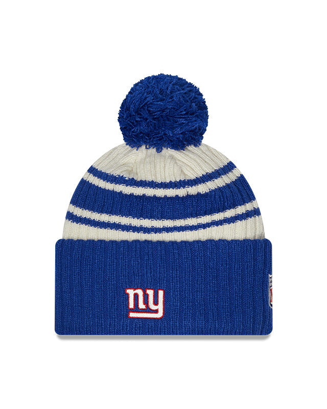New York Giants New Era 2022 Sideline - Sport Cuffed Pom Knit Hat - Cream/Royal