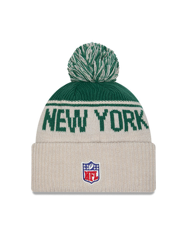 New York Jets 2024 New Era NFL Sideline Historic Cuffed Pom Knit - Cream