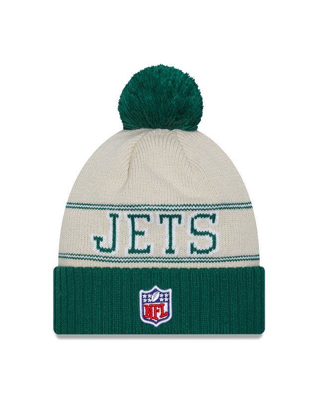 New York Jets New Era 2023 Sideline Historic Pom Cuffed Knit Hat - Cream/Green