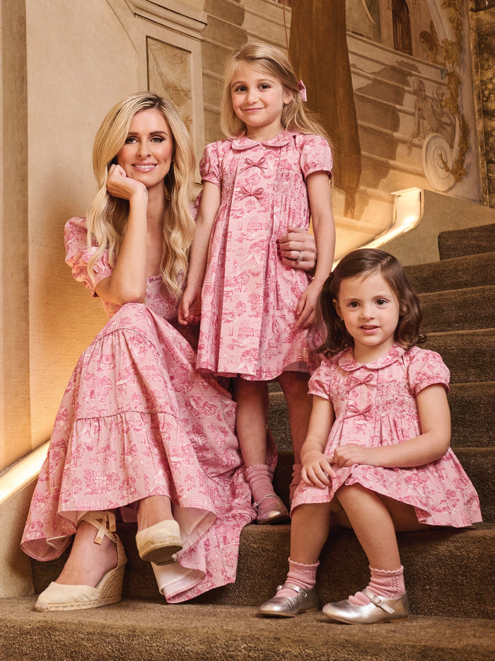 Nicky Hilton x La Coqueta Pink Toile de Jouy Theodora Baby Girl Hand-Smocked Set