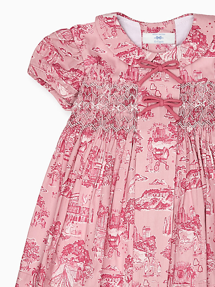 Nicky Hilton x La Coqueta Pink Toile de Jouy Theodora Baby Girl Hand-Smocked Set