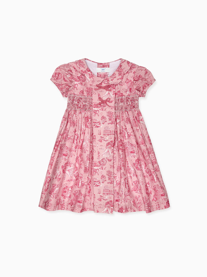 Nicky Hilton x La Coqueta Pink Toile de Jouy Theodora Girl Hand-Smocked Dress