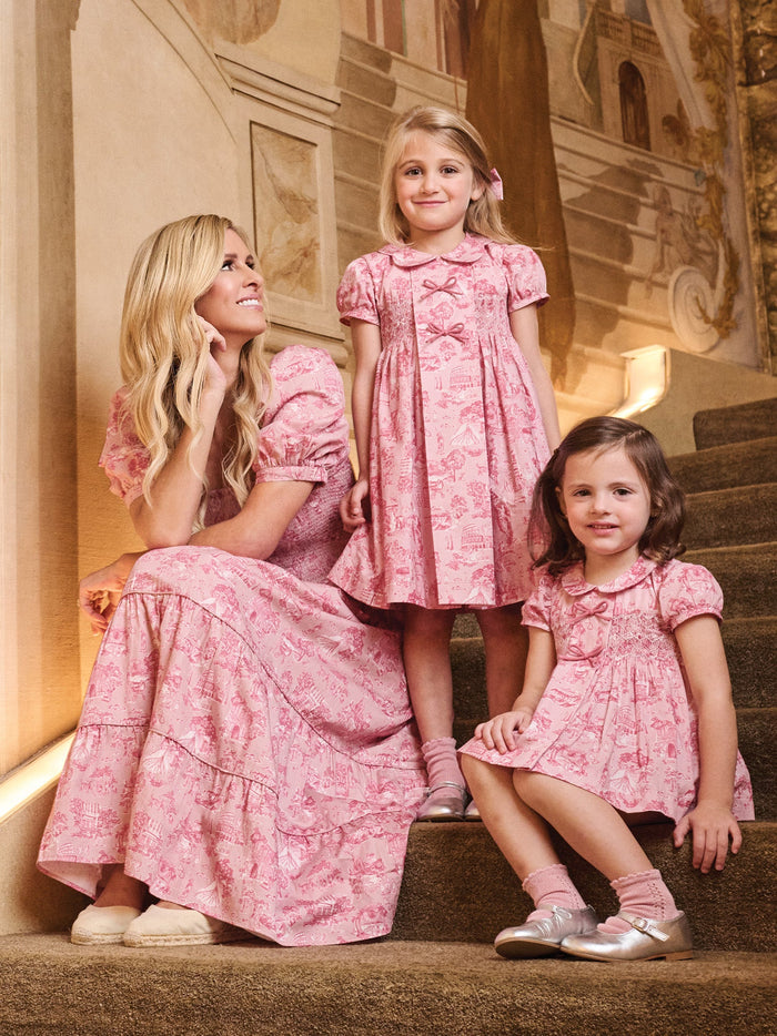 Nicky Hilton x La Coqueta Pink Toile de Jouy Theodora Girl Hand-Smocked Dress