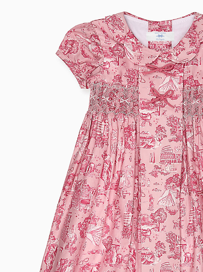 Nicky Hilton x La Coqueta Pink Toile de Jouy Theodora Girl Hand-Smocked Dress