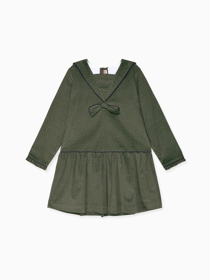 Olive Polka Dot Aranda Corduroy Girl Drop Waist Dress