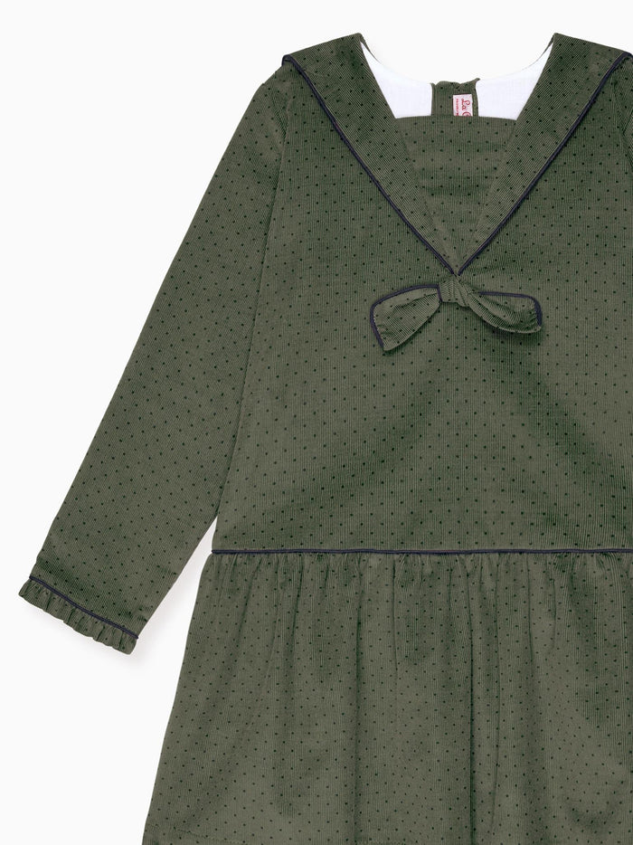 Olive Polka Dot Aranda Corduroy Girl Drop Waist Dress