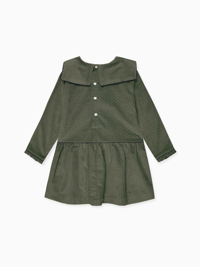 Olive Polka Dot Aranda Corduroy Girl Drop Waist Dress