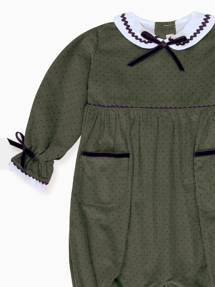 Olive Polka Dot Granada Corduroy Baby Girl Romper