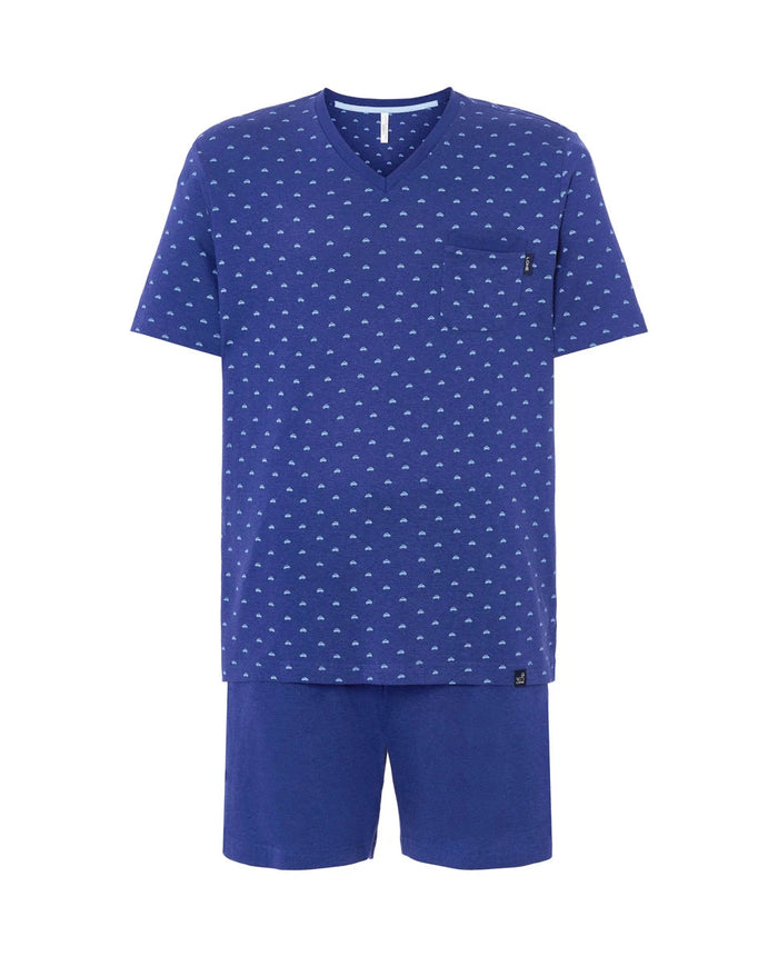 Pijama verano de hombre azul de manga corta estampado de cochecitos, cuello pico y pantalón corto con bolsillos, liso ajustable