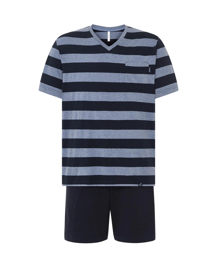Pijama de verano para hombre, top  manga corta punto a rayas, cuello pico,  pantalón corto liso a juego con bolsillos.