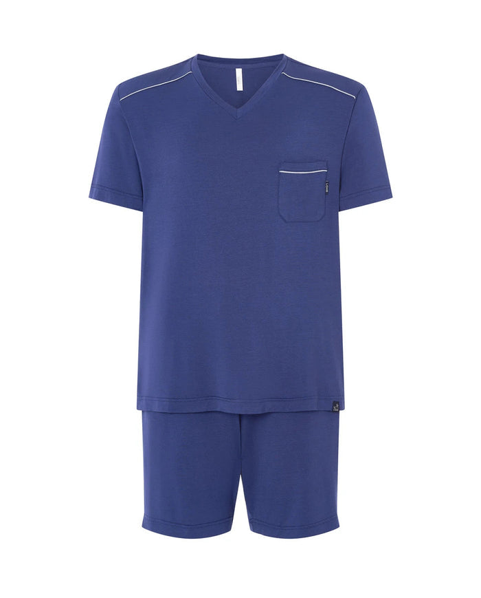 Pijama corto de hombre modal liso marino de manga corta, cuello pico, detalles vivo a contraste y pantalón corto ajustable