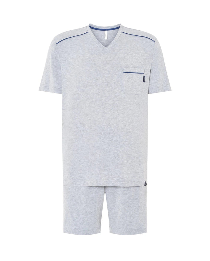 Pijama corto de hombre modal liso gris de manga corta, cuello pico, detalles vivo a contraste y pantalón corto ajustable