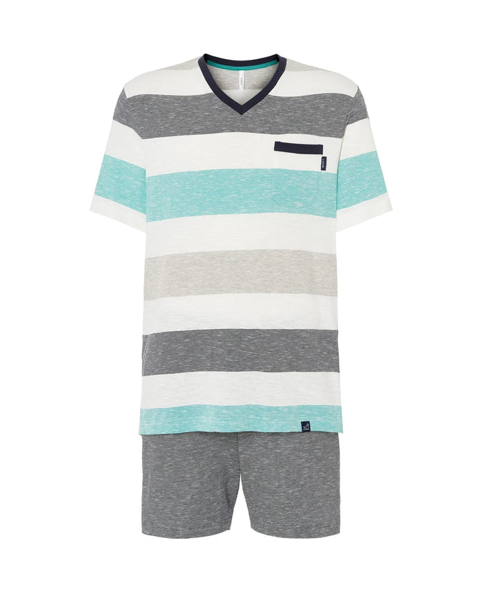 Pijama corto de hombre de punto a rayas anchas, cuello pico y pantalón liso vigoré con bolsillos