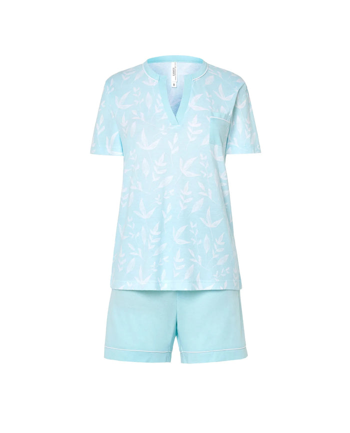 Pijama corto de mujer Lohe, top tejido hojas, abierto, manga corta y pantalón corto tejido liso.