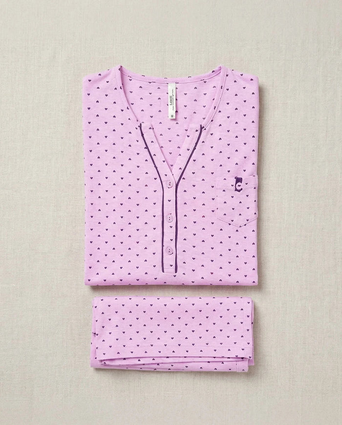 Pijama corto de mujer sin mangas para verano rosa con estampado corazones