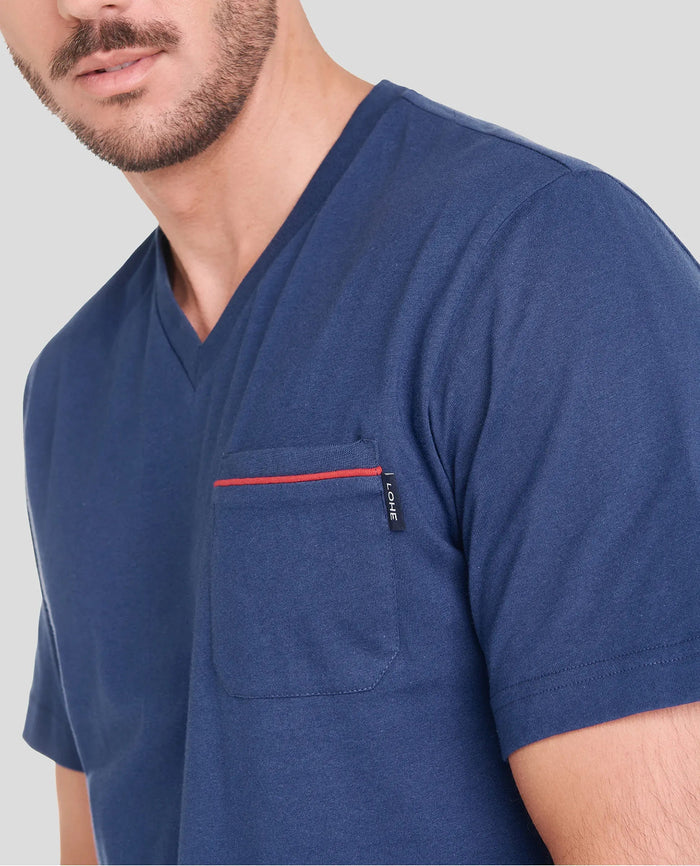 Camiseta de pijama de manga corta para verano color marino con cuello pico y bolsillo marca Lohe