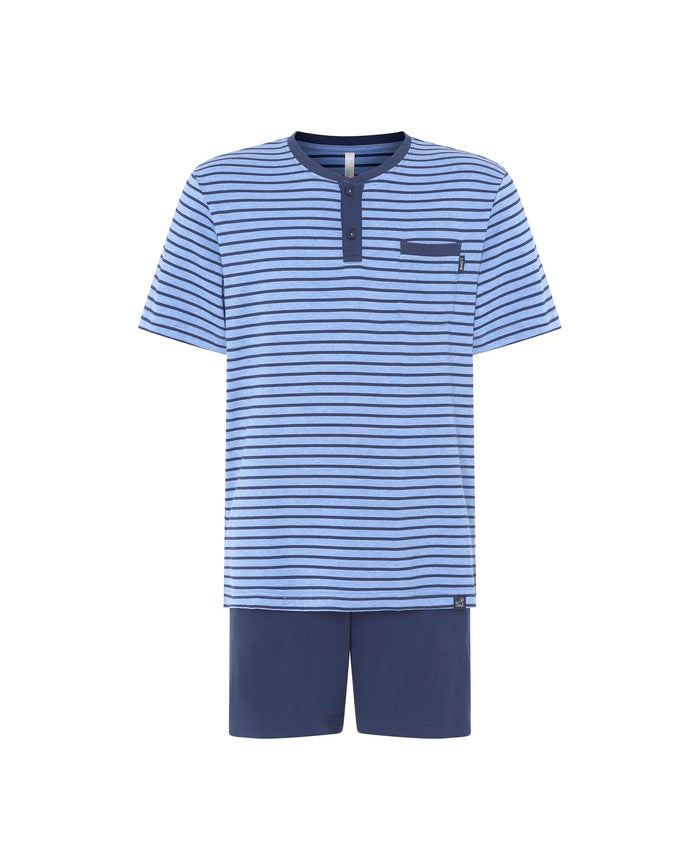 Pijama corto de hombre a rayas, cuello con pata marino y pantalón corto marino