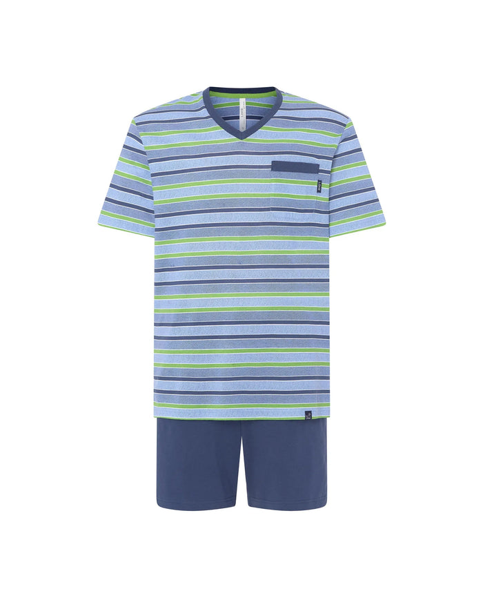Pijama corto de hombre Lohe, top tejido estampado rayas, cuello pico, bolsillo pecho, aberturas laterales y pantalón corto liso.