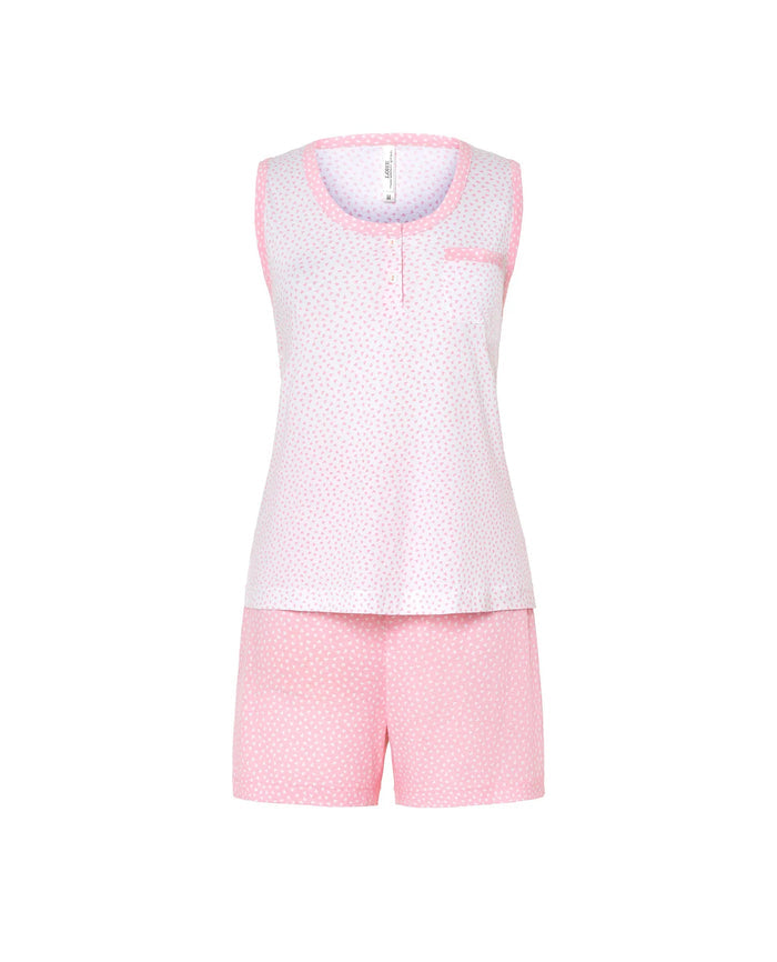 Pijama corto de mujer Lohe, tejido corazones rosas, abierto con pata y botones, sin mangas y pantalón corto.