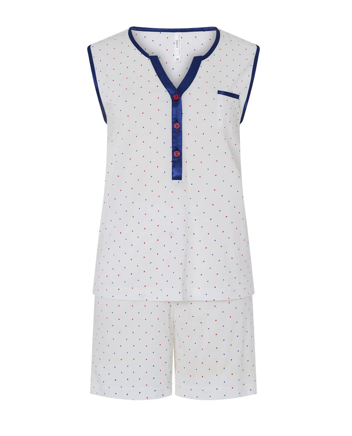 Pijama corto sin mangas de mujer Lohe, tejido algodón modal a topitos, cuello abierto con pata de raso, botones.