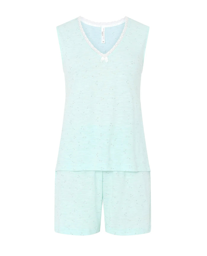 Pijama de mujer para verano corto y sin mangas tejido algodón modal puntilla en cuello pico y pantalón corto.