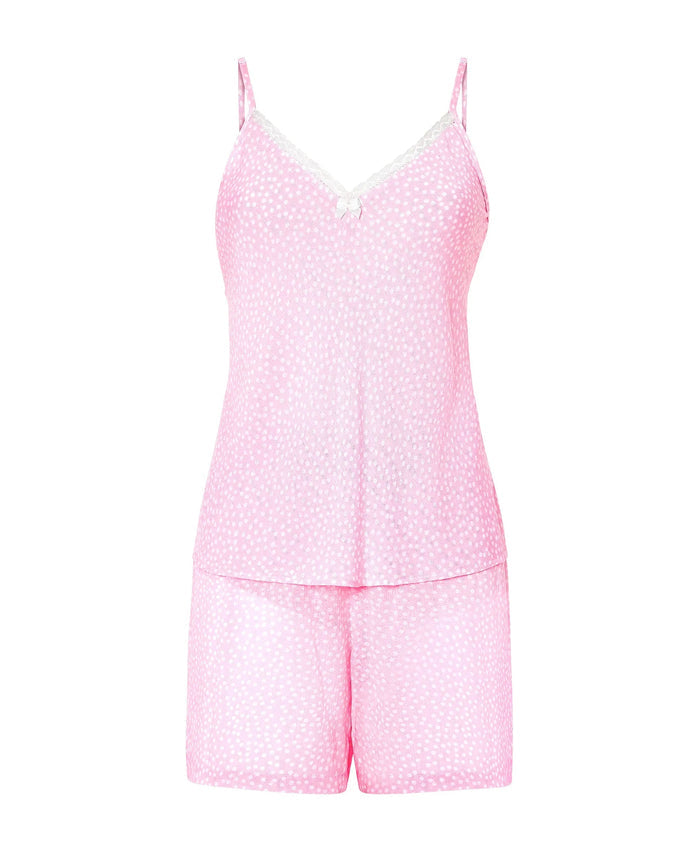Pijama corto de mujer jacquard de viscosa rosa estampado topitos, puntilla en escote, tirantes y pantalón corto.