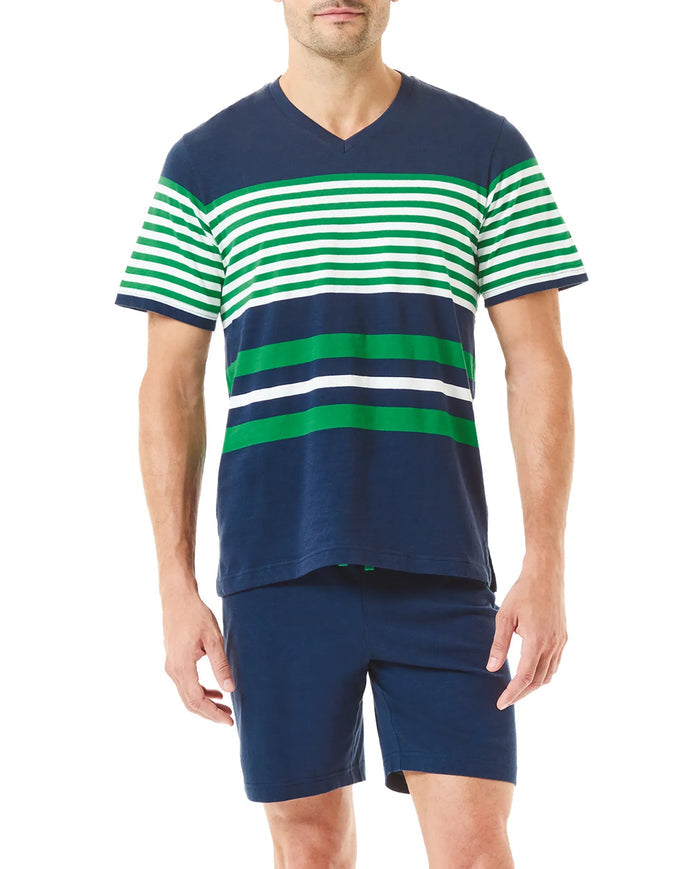 pijama de verano corto azul marino a rayas verde