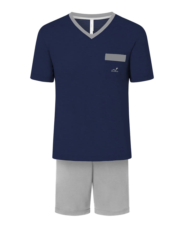 Pijama corto de hombre, tejido liso, chaqueta cuello pico manga corta marino, pantalón corto gris.
