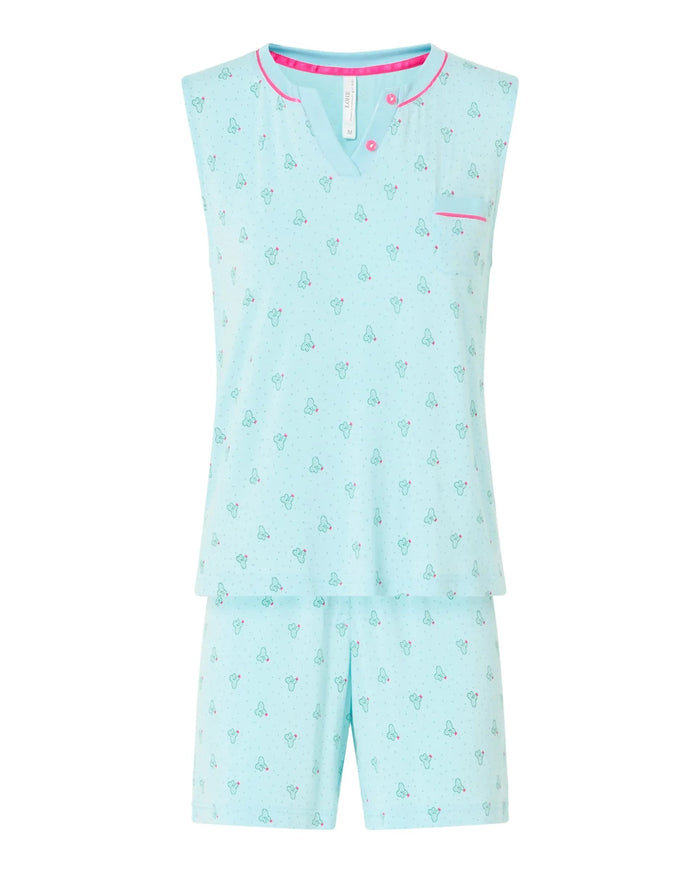 Pijama corto de mujer, estampado cactus, chaqueta cuello con botones sin mangas, bolsillo adorno y pantalón corto.