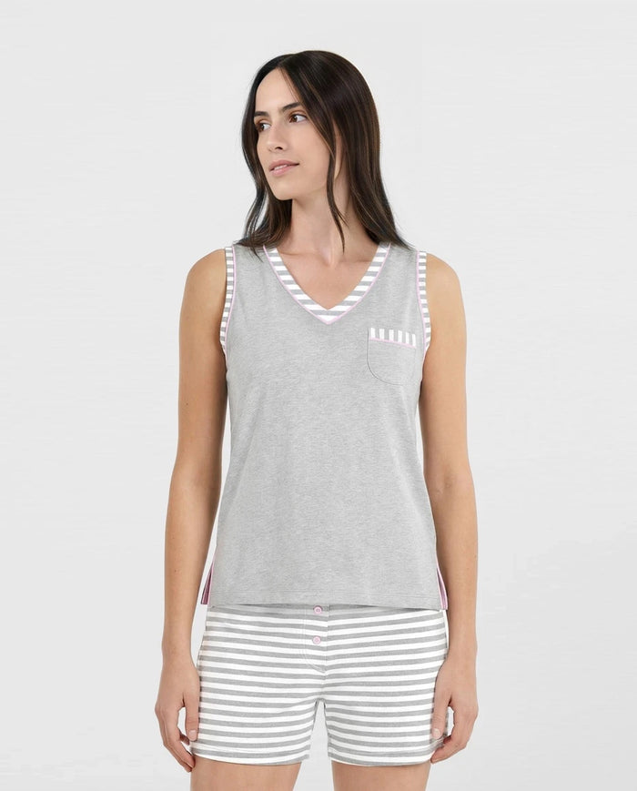 Pijama de mujer corto sin mangas rayas gris