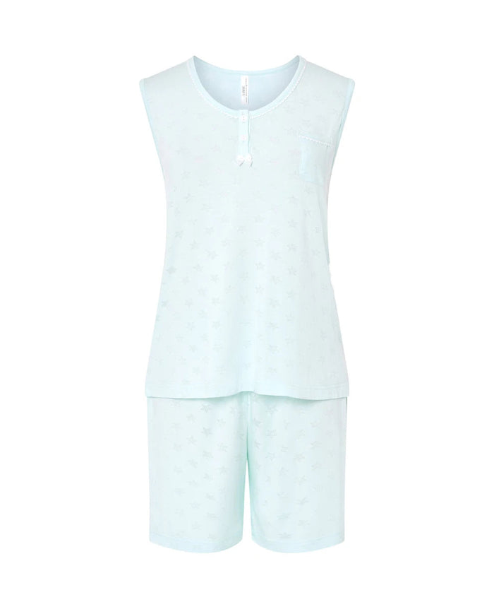 Pijama de mujer corto de verano sin mangas de punto verde suave desagujado de estrellitas
