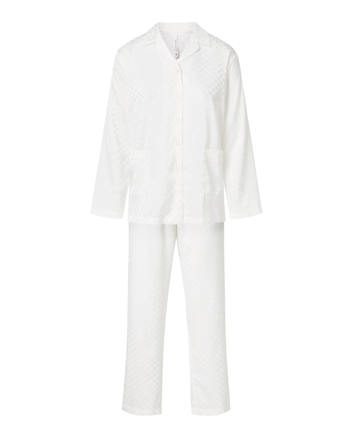 Pijama largo de mujer, estampado jacquard, chaqueta abierta con botones, bolsillos y pantalón largo.