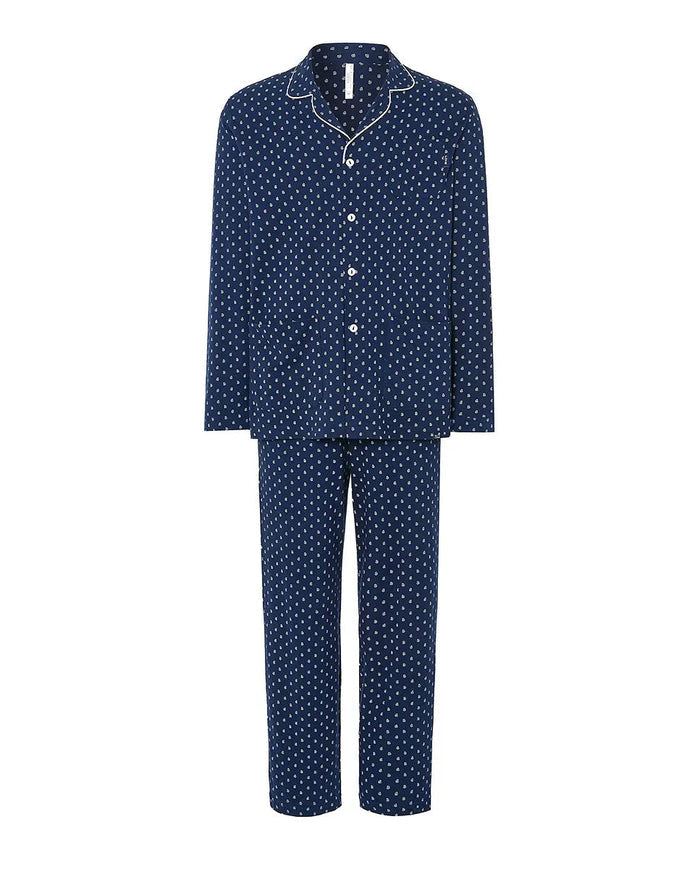 Pijama de hombre manga larga, estampado de pequeños cachemires abierto con botones, bolsillos plastón