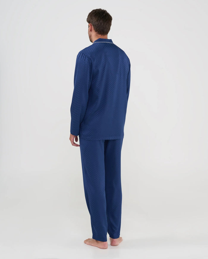 Pijama completo de hombre para invierno, tejido jacquard de cuadros marino, con manga larga y pantalón largo.