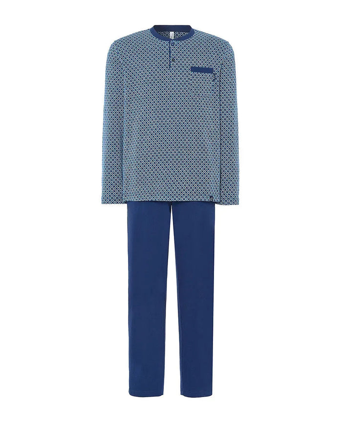 Pijama Lohe de hombre, Jacquard de diseño geométrico, escote con abertura de botones, manga larga y pantalón largo liso.