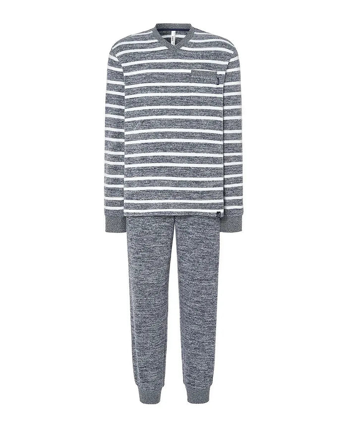 Pijama de hombre manga larga con puños melange rayas azules