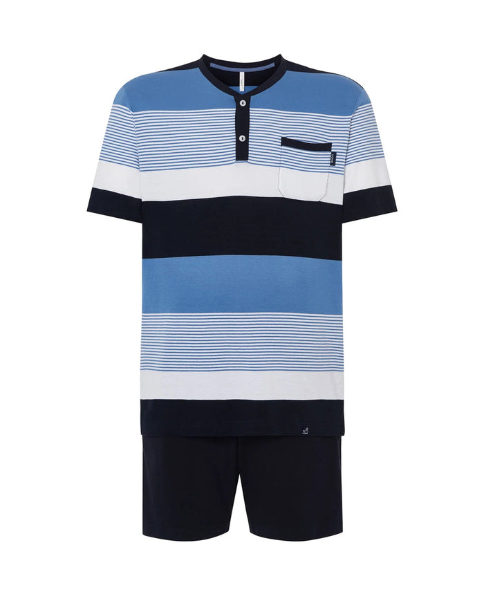 Pijama corto de hombre, manga corta de rayas anchas, cuello abotonado, bolsillo, pantalón corto liso ajustable a juego