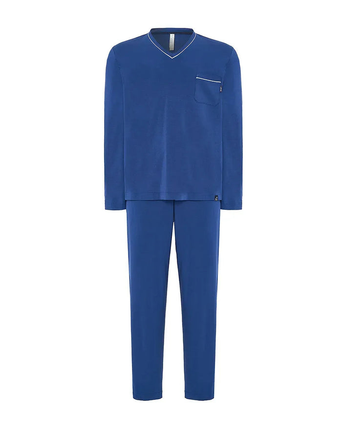 Pijama Lohe de hombre modal marino, suave tejido, escote en pico, manga larga y pantalón largo y bolsillos laterales.