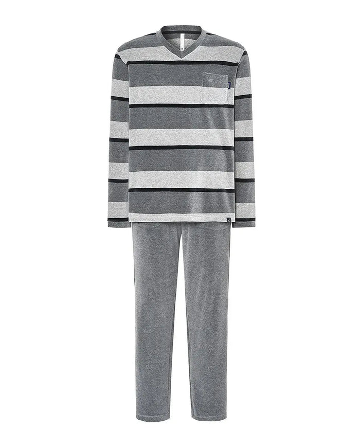 Pijama Lohe de hombre terciopelo,  rayas con escote en pico y bolsillos laterales.