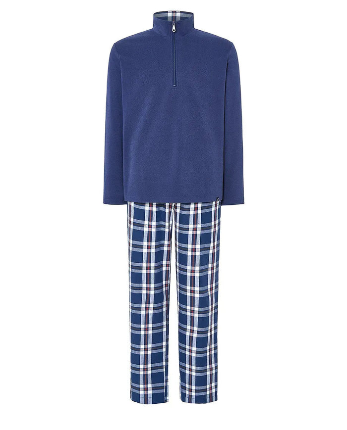 Pijama hombre: parte superior lisa, pantalón estampado, cremallera, cordón y bolsillos.