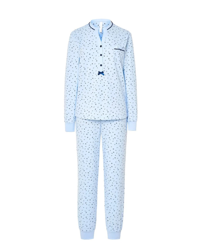 Pijama Lohe de mujer, estampado florecitas, escote redondo, abertura de botones, puños elásticos, cómoda manga larga y pantalón largo.
