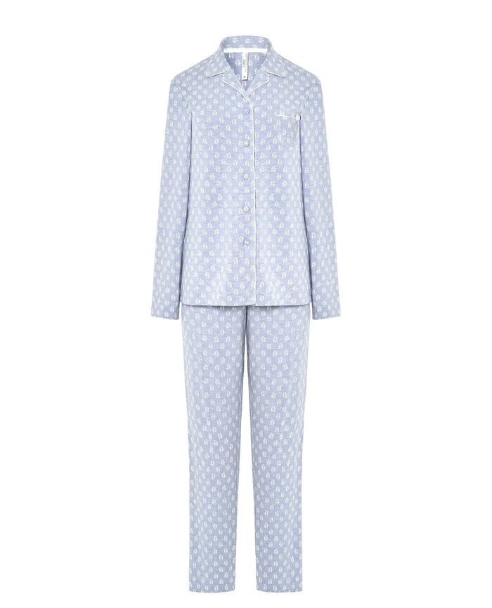 Pijama Lohe de mujer estampado de hojas, con cuello de solapa, manga larga y pantalón largo con lazo.