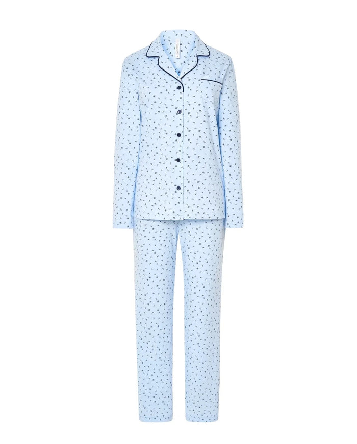 Pijama Lohe de mujer estampado florecitas, abierto con botones, cuello de solapa con vivo, manga larga y pantalón largo.