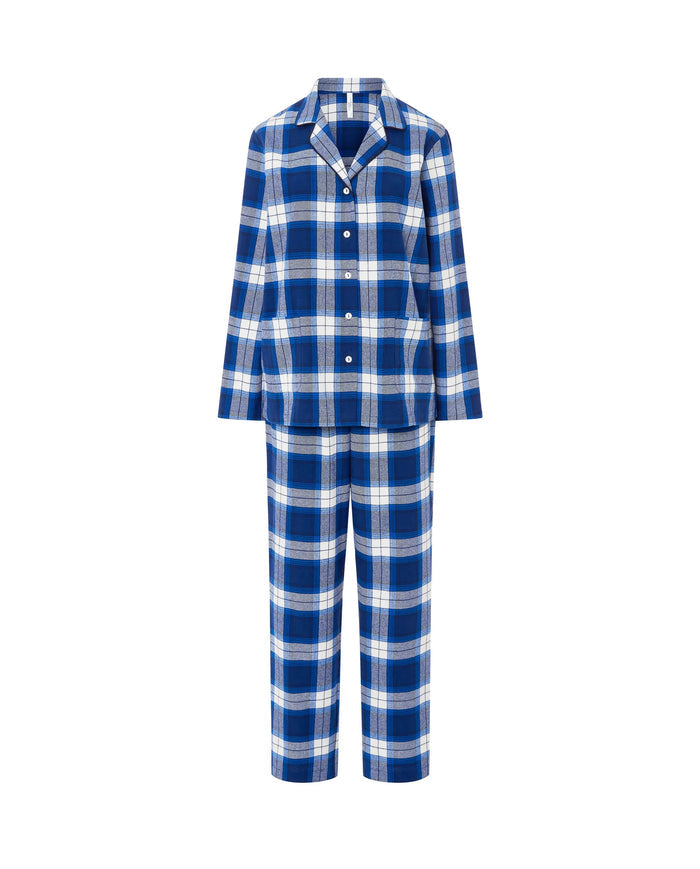 Conjunto completo de pijama de mujer Lohe, estampado en cuadros azules con manga y pantalón largo.