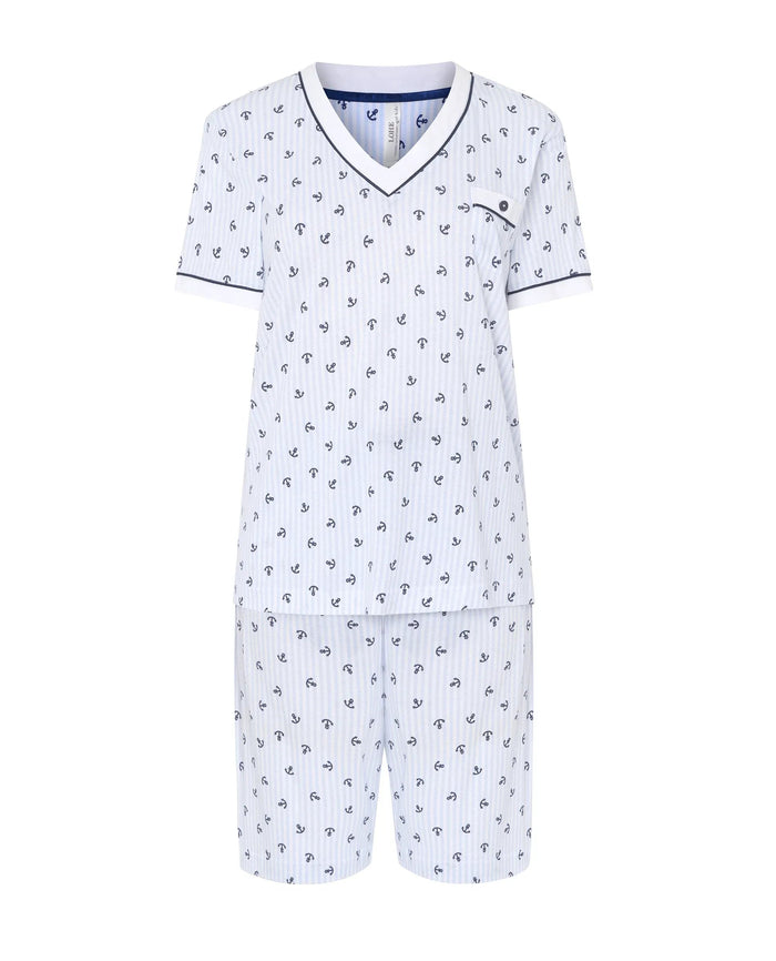 Pijama corto de mujer Lohe, tejido algodón modal estampado anclas, cuello pico, manga corta y pantalón corto con lazo de razo.